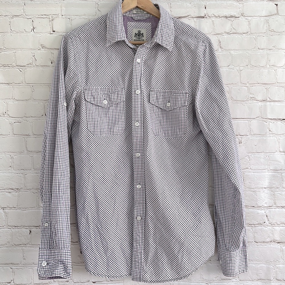 Men’s Express Casual Fit Red and Blue Plaid Button Down
